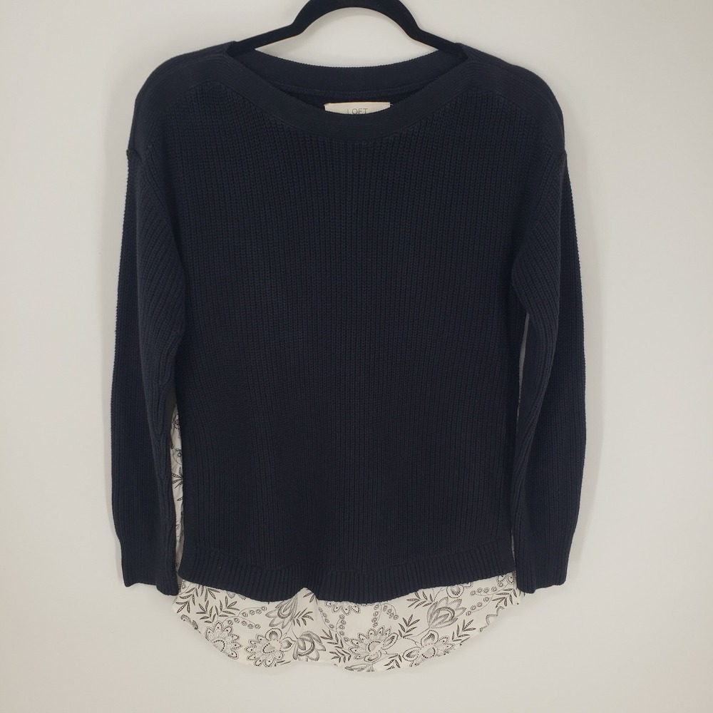 LOFT Layered Mixed Media Sweater Women S Black Cream Floral Shirttail Hem Twofer